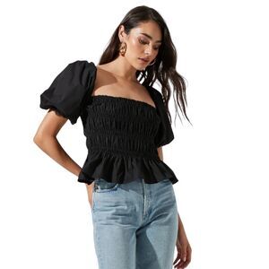 ASTR The Label Revolve Savina Ruched Bubble Sleeve Top in Black Size Small